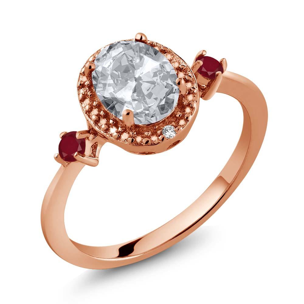 Gem Stone King 1.55 Ct White Topaz Ruby 18K Rose Gold Plated Silver Ring With Accent Diamond