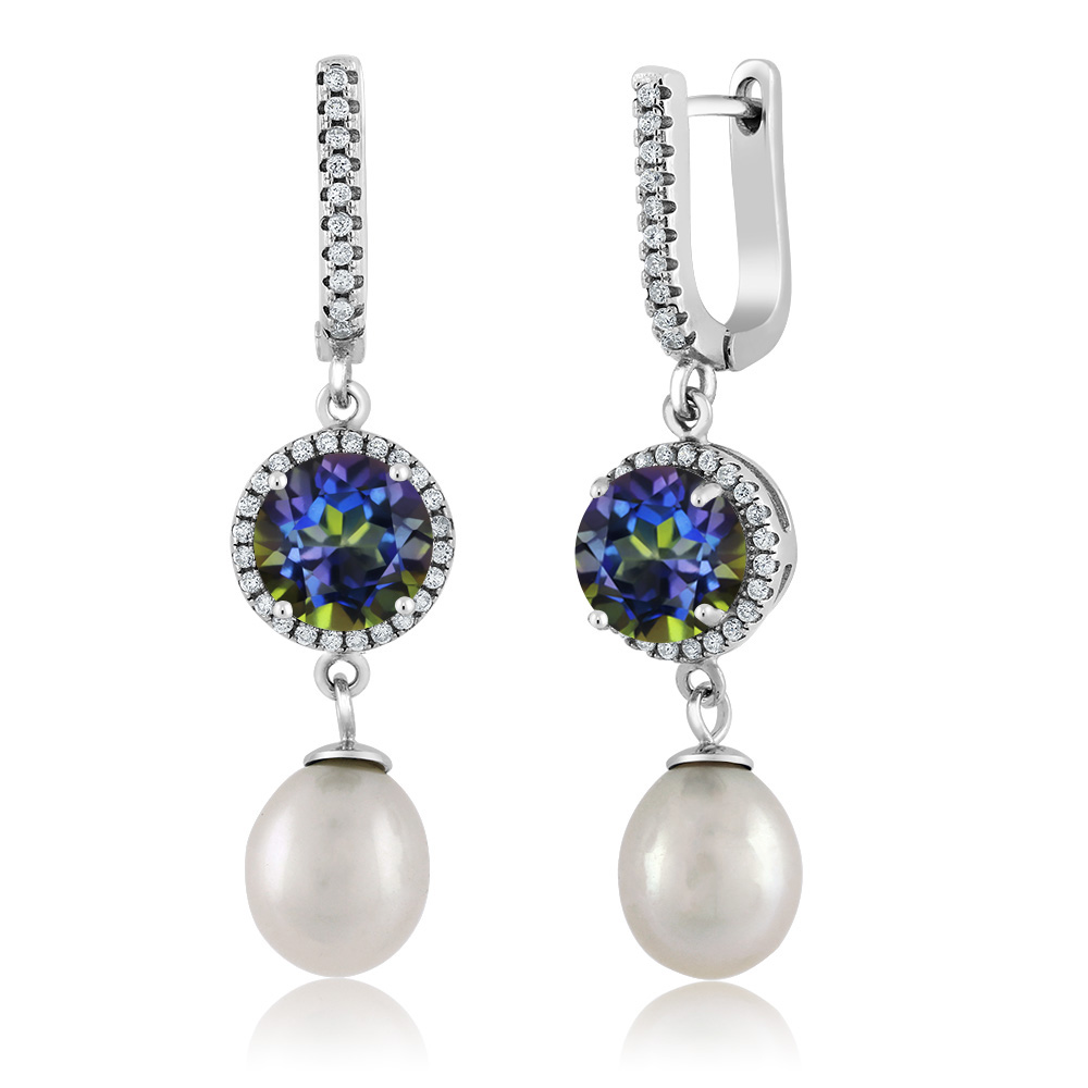 Gem Stone King 4.79 Ct Round Blue Mystic Topaz 925 Sterling Silver 11X8MM Cultured Freshwater Pearl Earrings