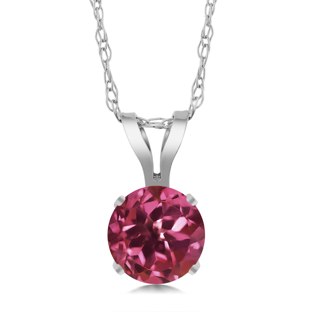 Gem Stone King 14K White Gold Pink Tourmaline Pendant Necklace (0.50 Ct Round With 18" Chain)