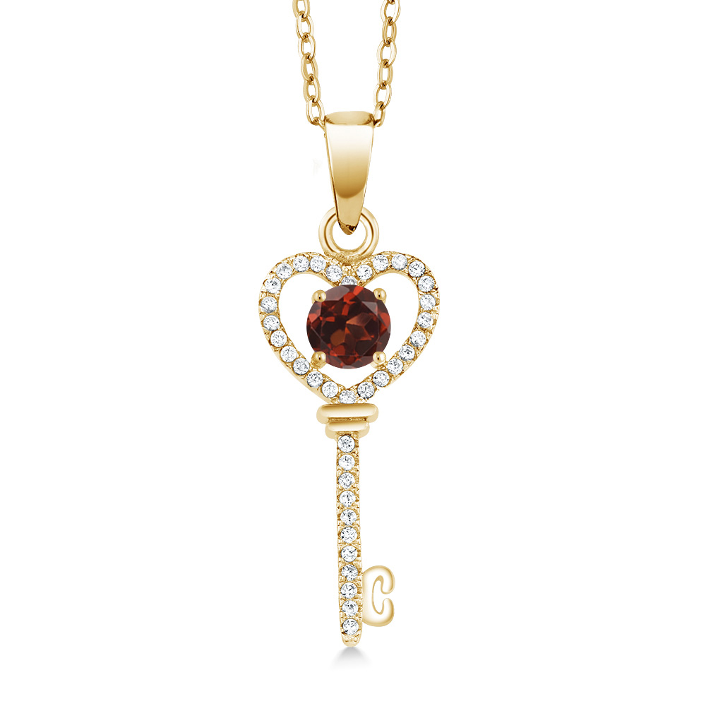 Gem Stone King 1.04 Ct Round Red Garnet 18K Yellow Gold Plated Silver Key Pendant