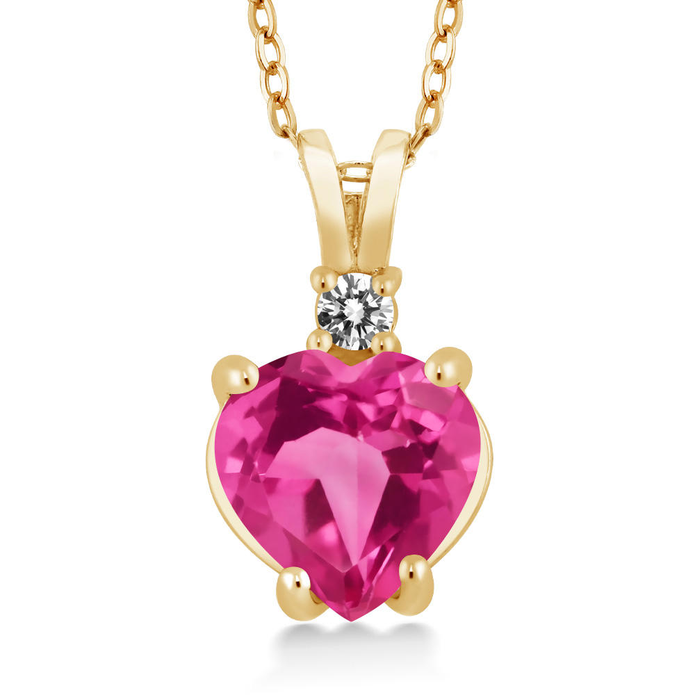 Gem Stone King 2.27 Ct Heart Shape Pink Mystic Topaz White Diamond 14K Yellow Gold Pendant
