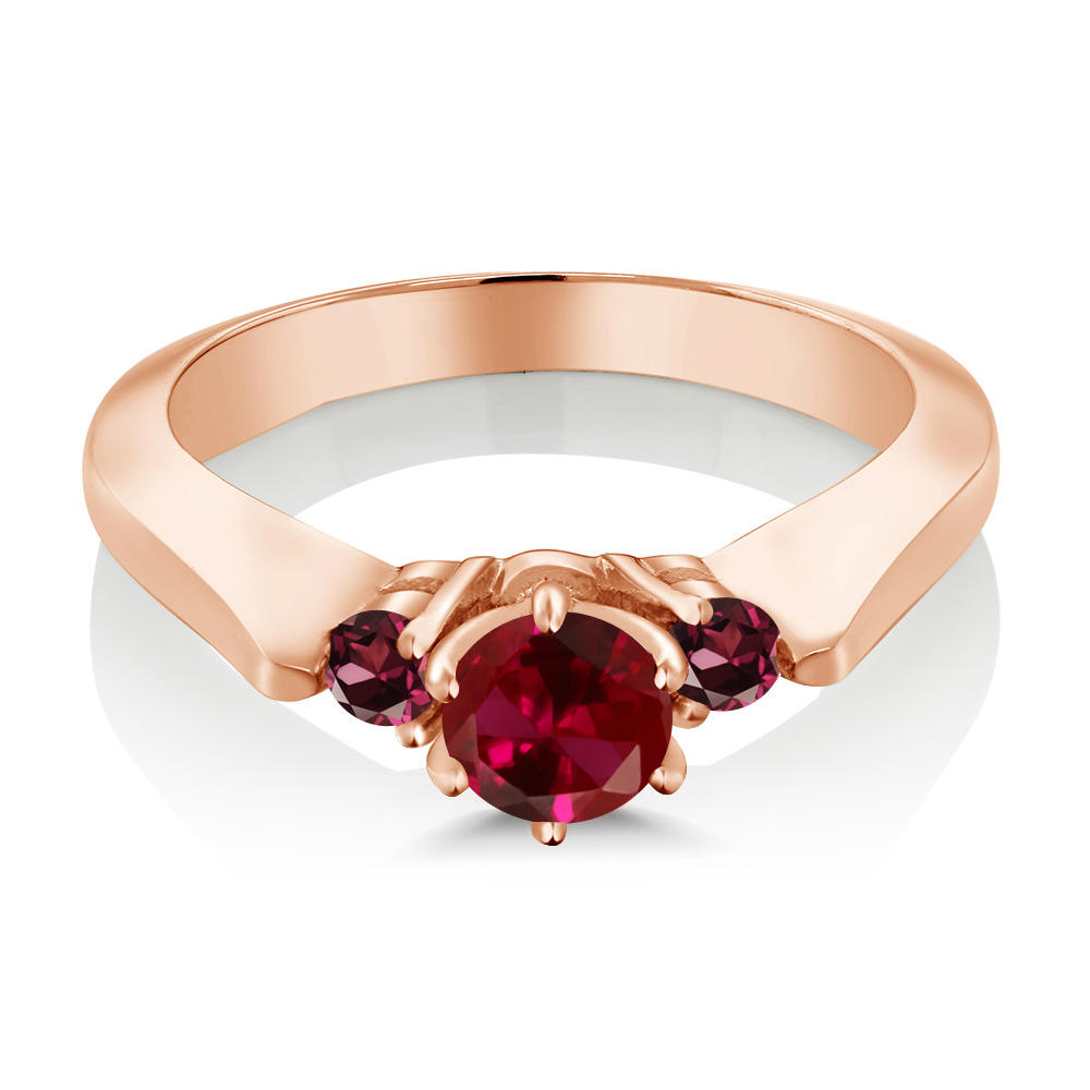 Gem Stone King 0.78 Ct Created Ruby Rhodolite Garnet 925 Rose Gold Plated Silver 3-Stone Ring
