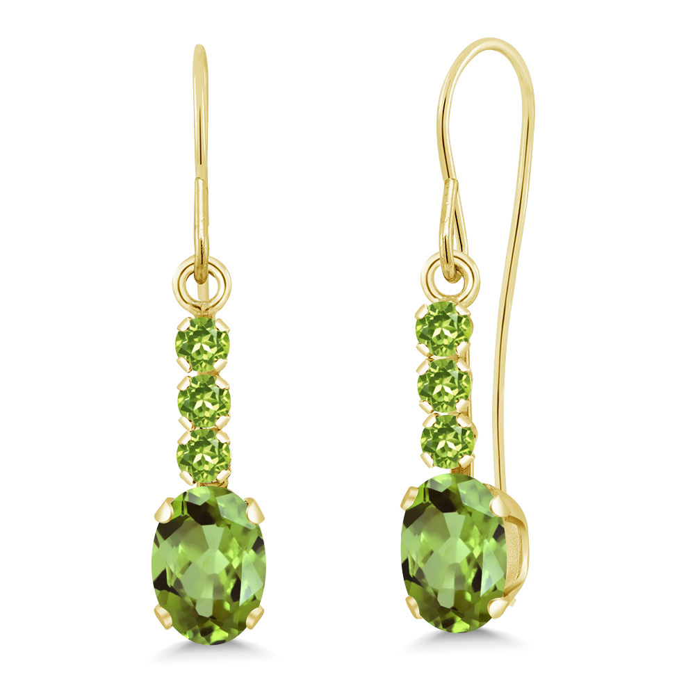 Gem Stone King 10K Yellow Gold Green Peridot Drop Dangle Earrings For Women (1.30 Cttw, Gemstone August Birthstone, Oval 6X4MM)