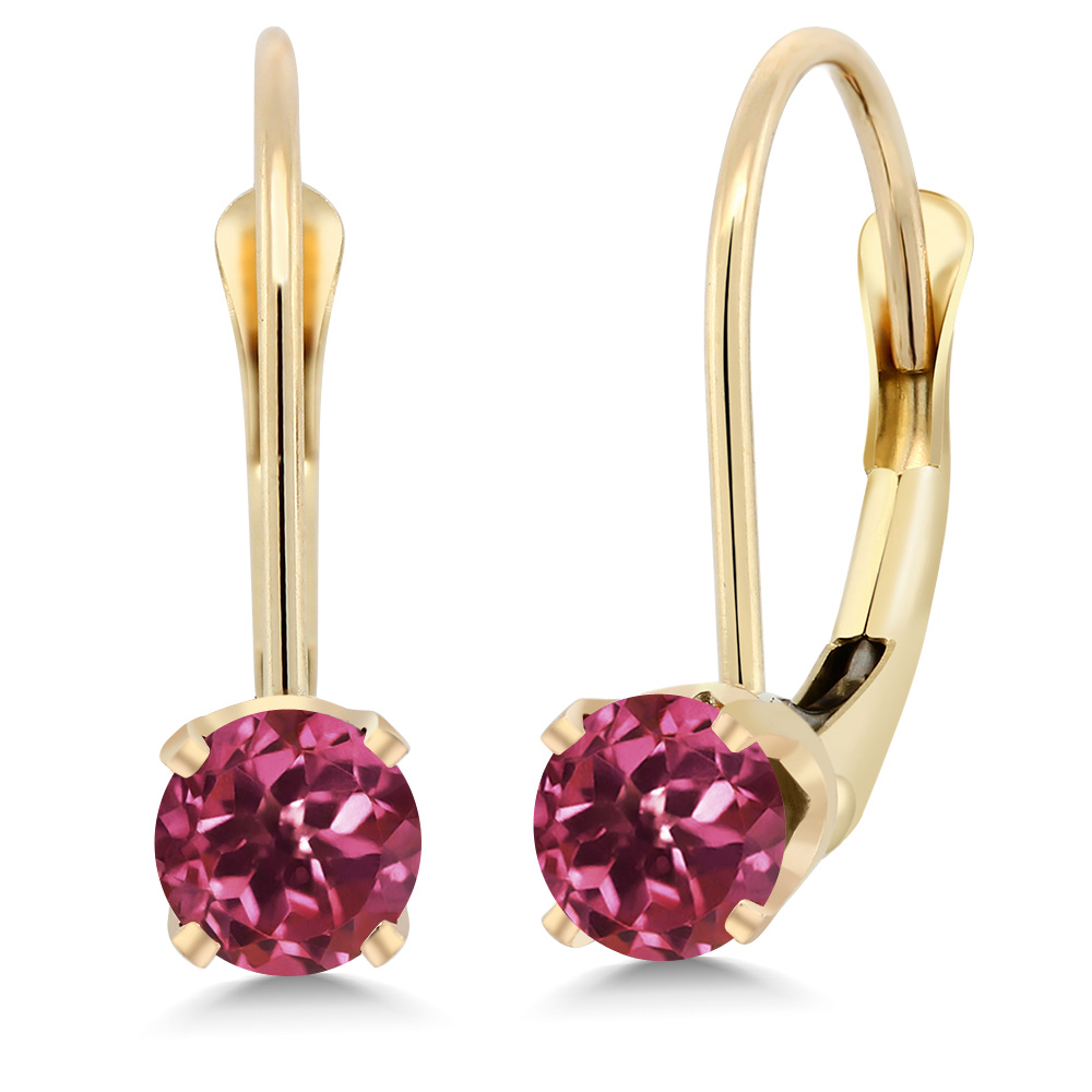 Gem Stone King 14K Yellow Gold Pink Tourmaline Leverback Earrings For Women (0.48 Ct Round 4MM)