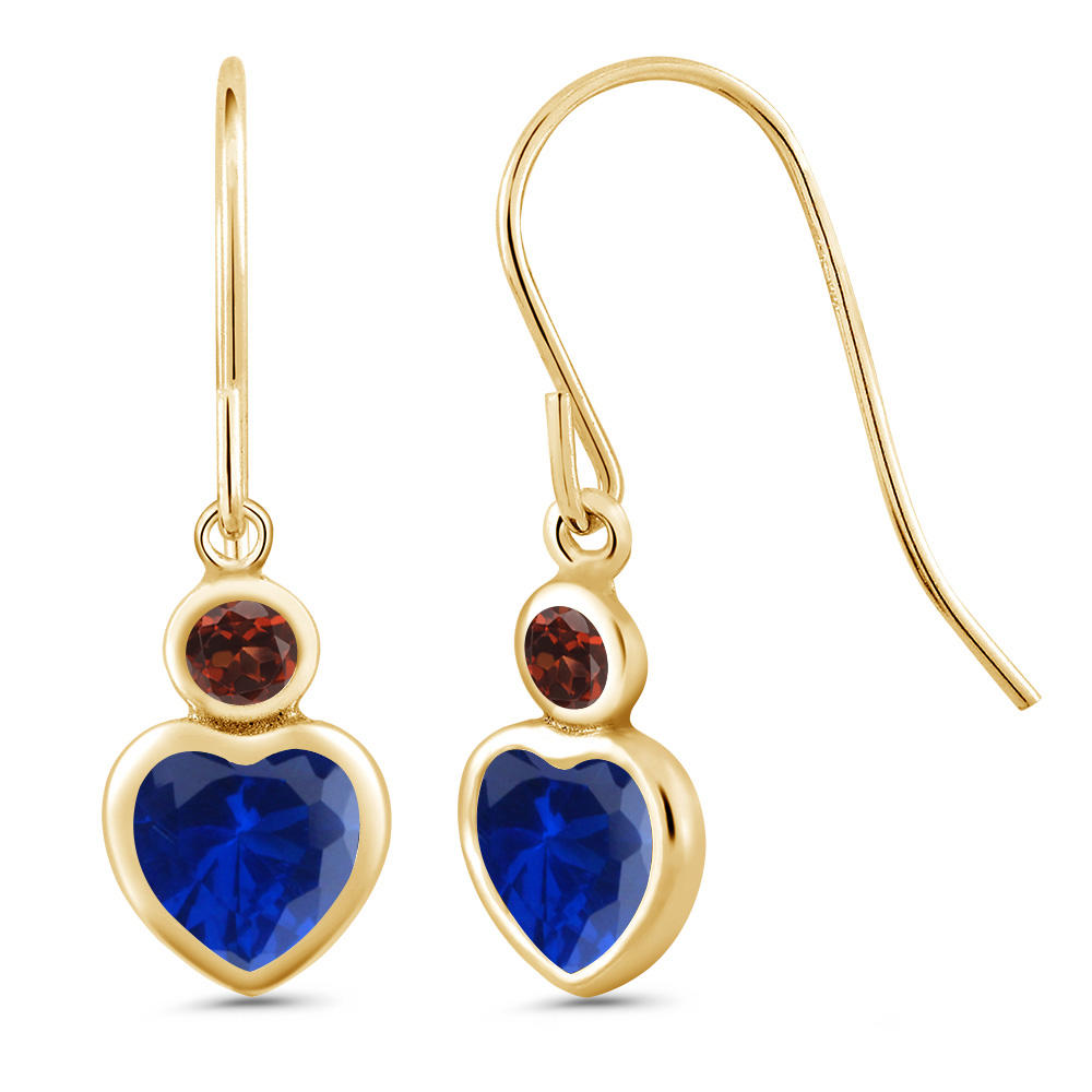 Gem Stone King 1.46 Ct Heart Shape Blue Created Sapphire Red Garnet 14K Yellow Gold Earrings