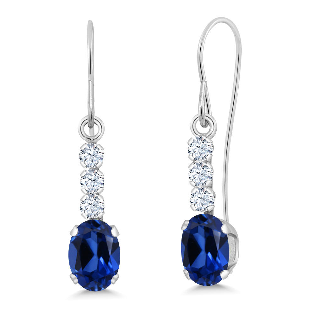 Gem Stone King 1.54 Ct Oval Blue Created Sapphire 10K White Gold Earrings