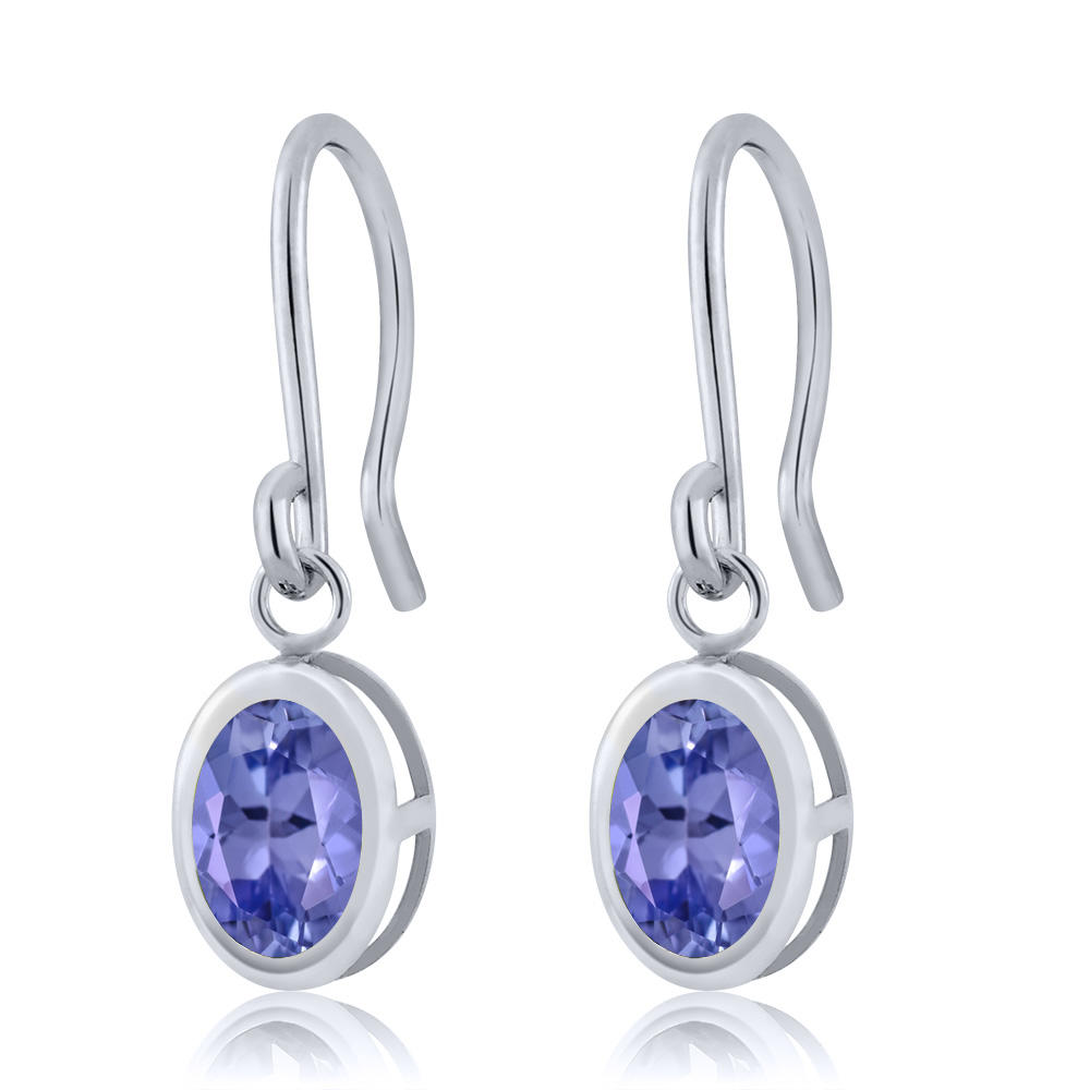 Gem Stone King 925 Sterling Silver Blue Tanzanite French Wire Dangling Earrings For Women (1.50 Cttw, Gemstone Birthstone Oval 7X5MM)