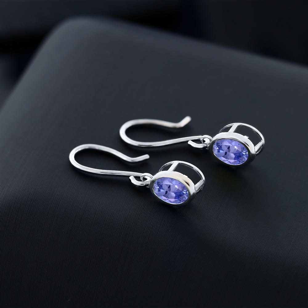 Gem Stone King 925 Sterling Silver Blue Tanzanite French Wire Dangling Earrings For Women (1.50 Cttw, Gemstone Birthstone Oval 7X5MM)