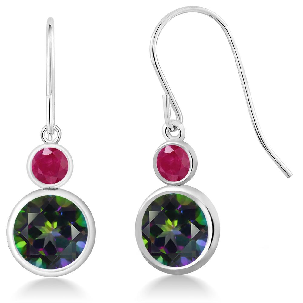 Gem Stone King 5.68 Ct Round Green Mystic Topaz Red Ruby 925 Sterling Silver Earrings