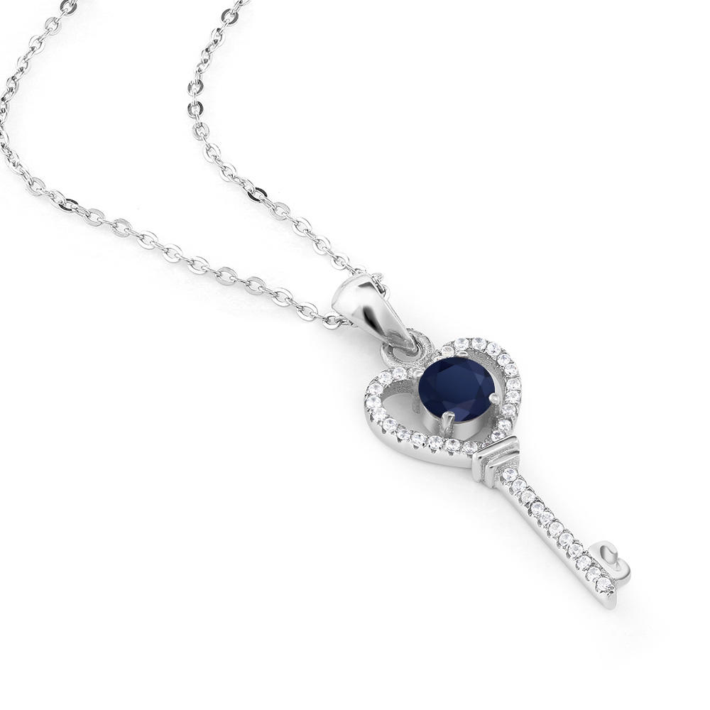 Gem Stone King 925 Sterling Silver Blue Sapphire Women's Heart Key Pendant Necklace (1.04 Cttw, Gemstone Birthstone, with 18 Inch Silver Chain)