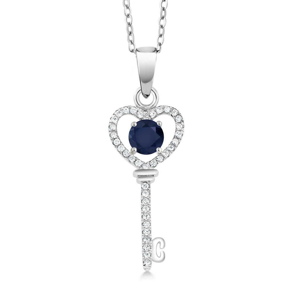 Gem Stone King 925 Sterling Silver Blue Sapphire Women's Heart Key Pendant Necklace (1.04 Cttw, Gemstone Birthstone, with 18 Inch Silver Chain)