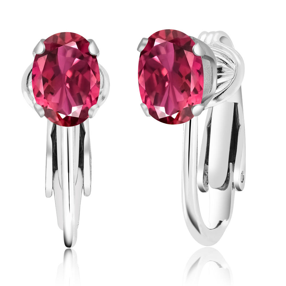 Gem Stone King 1.40 Ct Oval Pink Tourmaline 925 Sterling Silver Clip-On Earrings