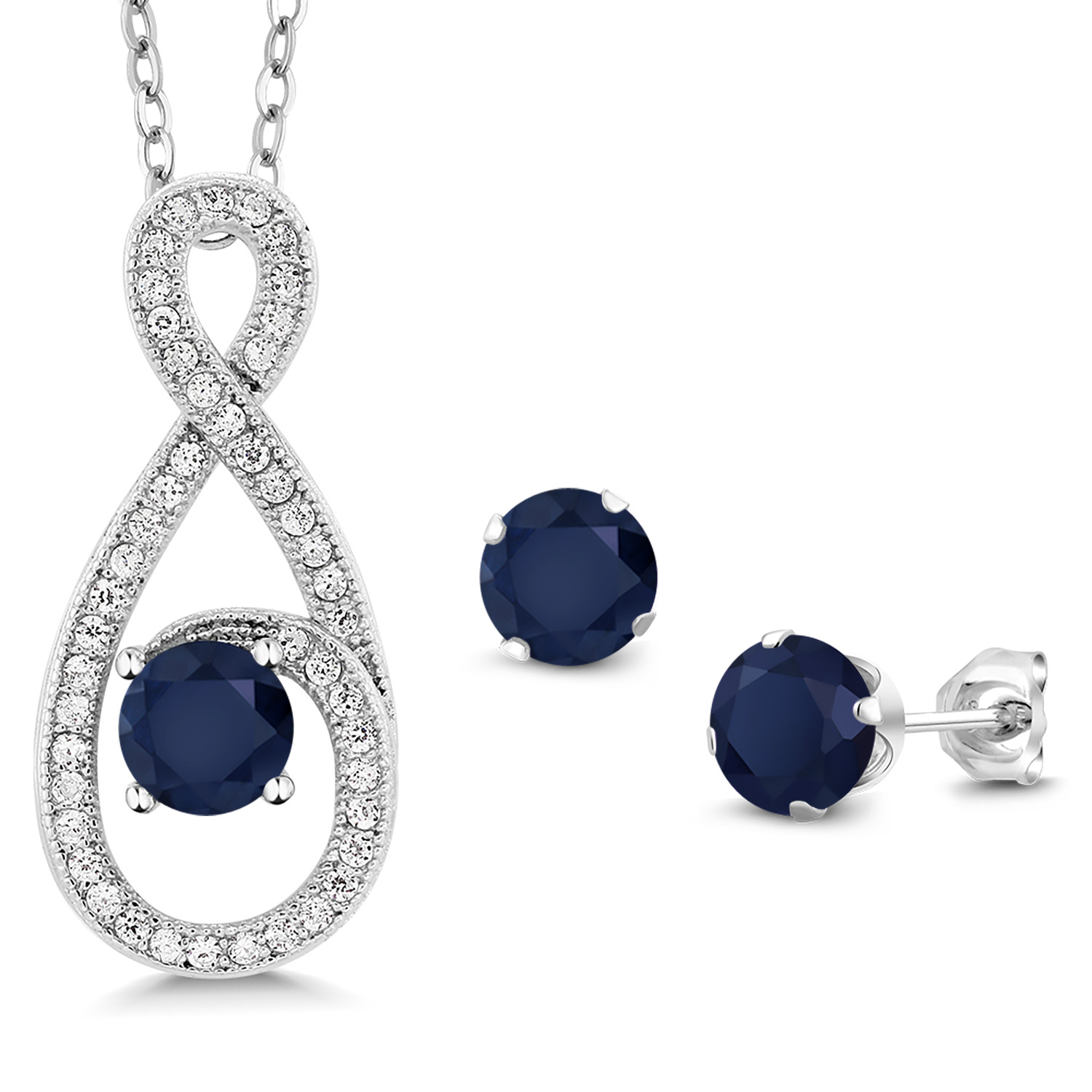 Gem Stone King 2.40 Ct Round Blue Sapphire 925 Sterling Silver Pendant and Earrings Jewelry Set