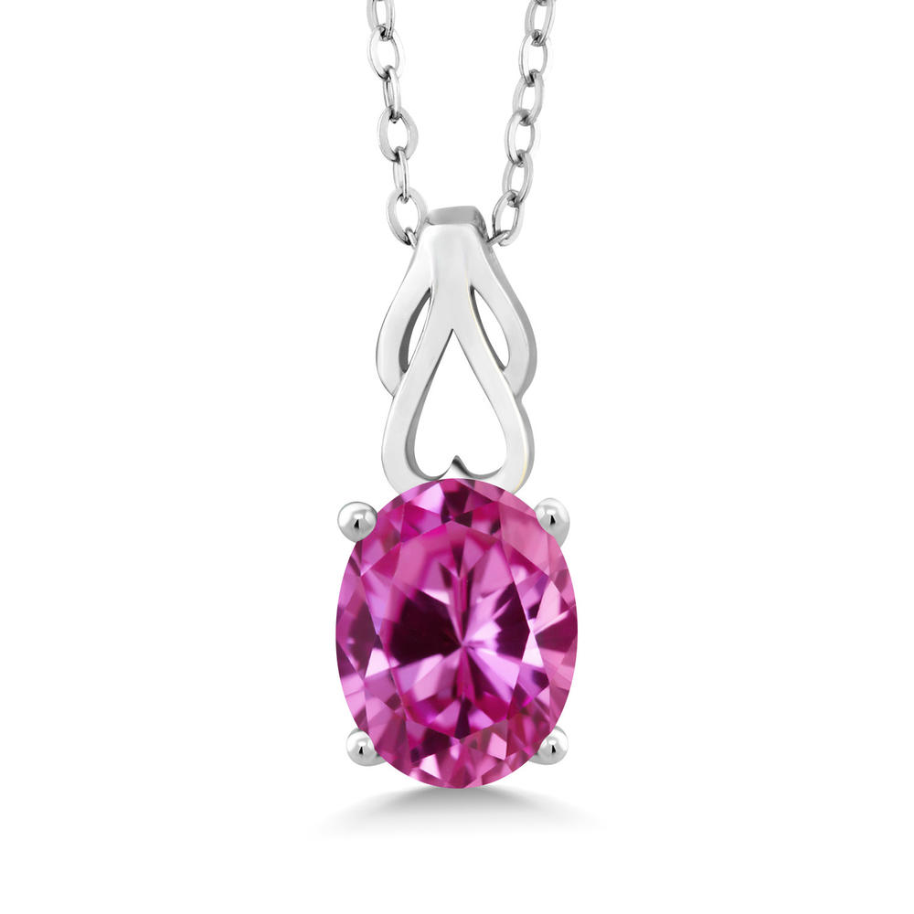 Gem Stone King 1.00 Ct Oval Pink Created Sapphire 925 Sterling Silver Pendant With Chain