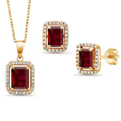 Gem Stone King 7.27 Ct Red Garnet 18K Yellow Gold Plated Silver Pendant and Earrings Jewelry Set