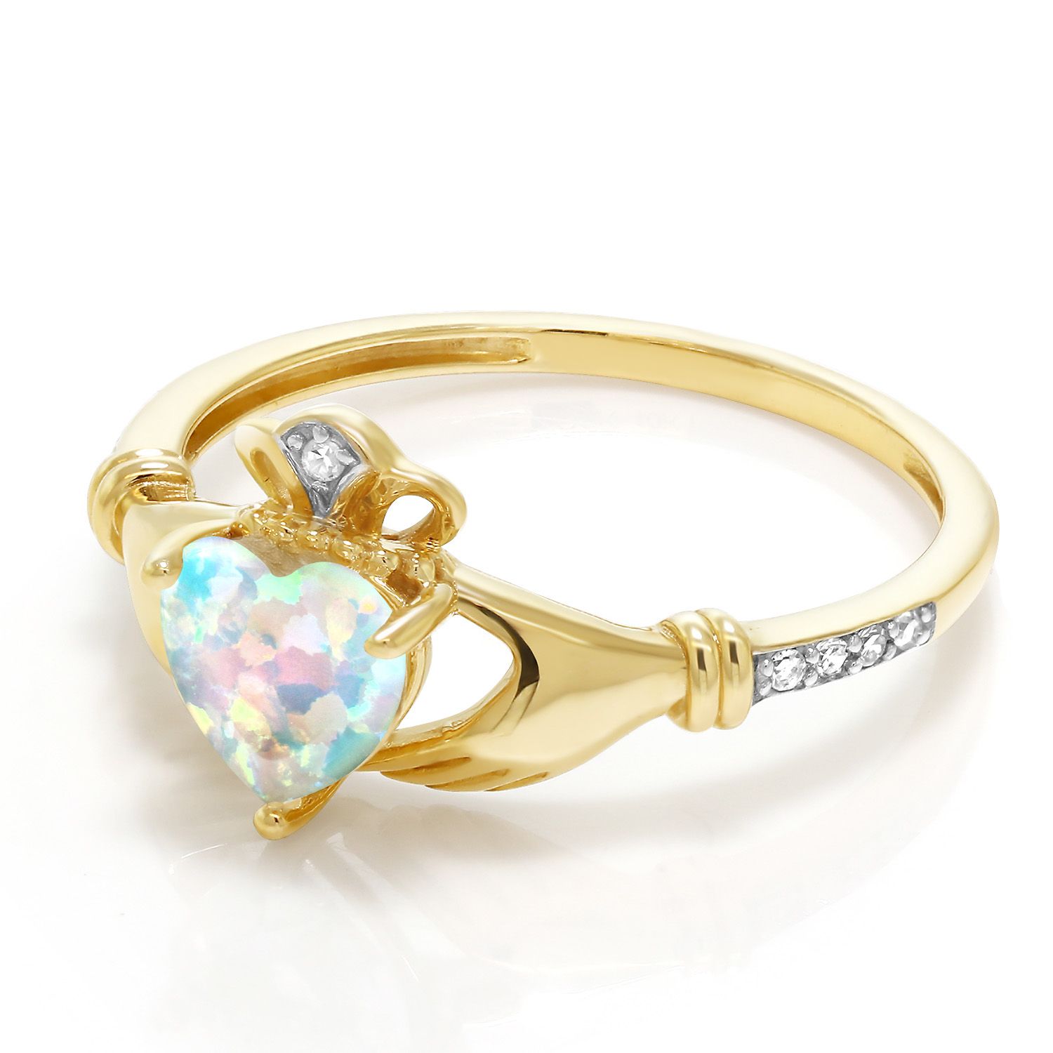Gem Stone King 0.81 Ct Heart Shape White Simulated Opal White Diamond 10K Yellow Gold Irish Celtic Claddagh Ring