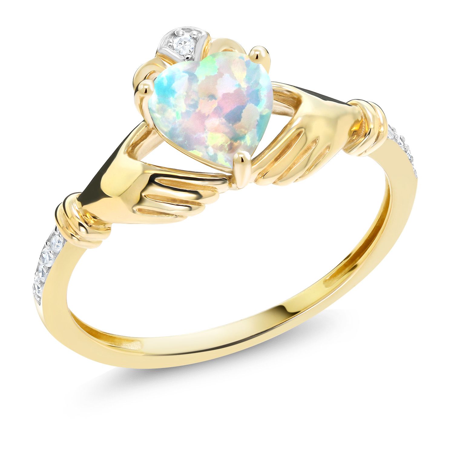 Gem Stone King 0.81 Ct Heart Shape White Simulated Opal White Diamond 10K Yellow Gold Irish Celtic Claddagh Ring