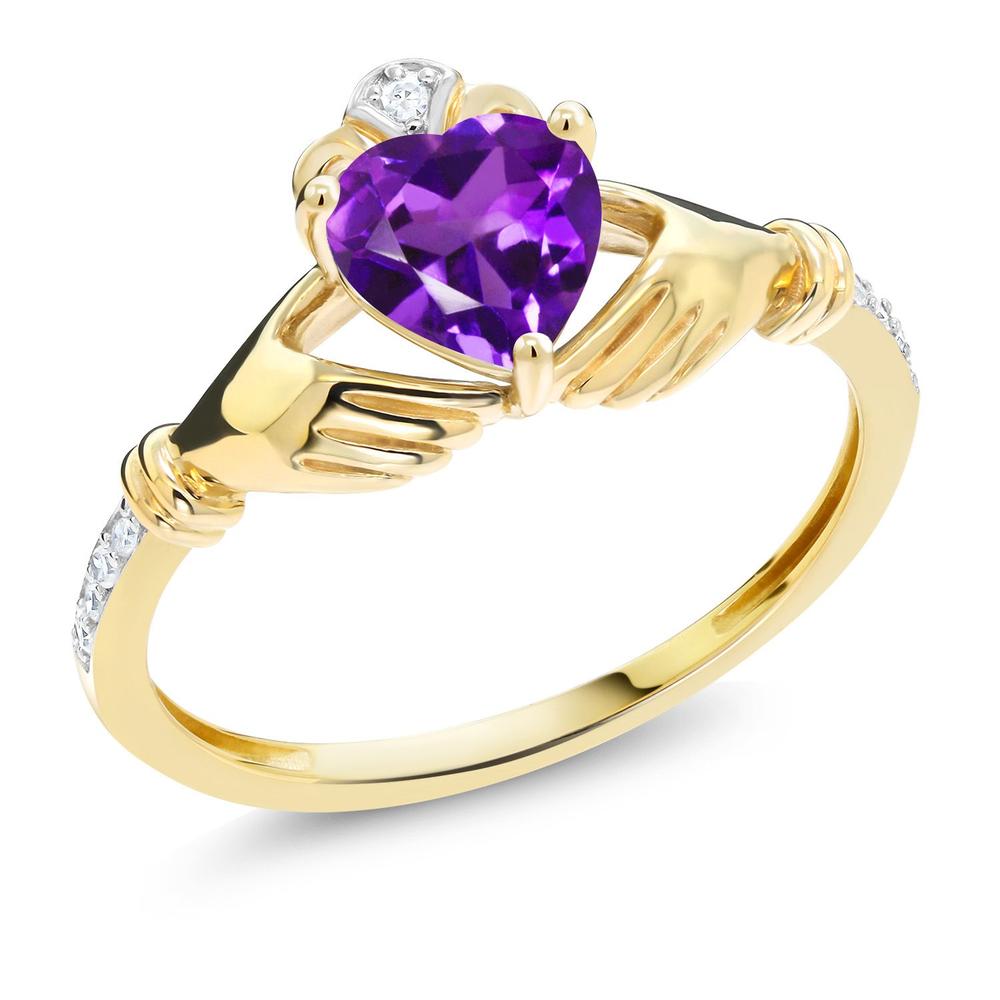 Gem Stone King 0.86 Ct Heart Shape Purple Amethyst White Diamond 10K Yellow Gold Irish Celtic Claddagh Ring