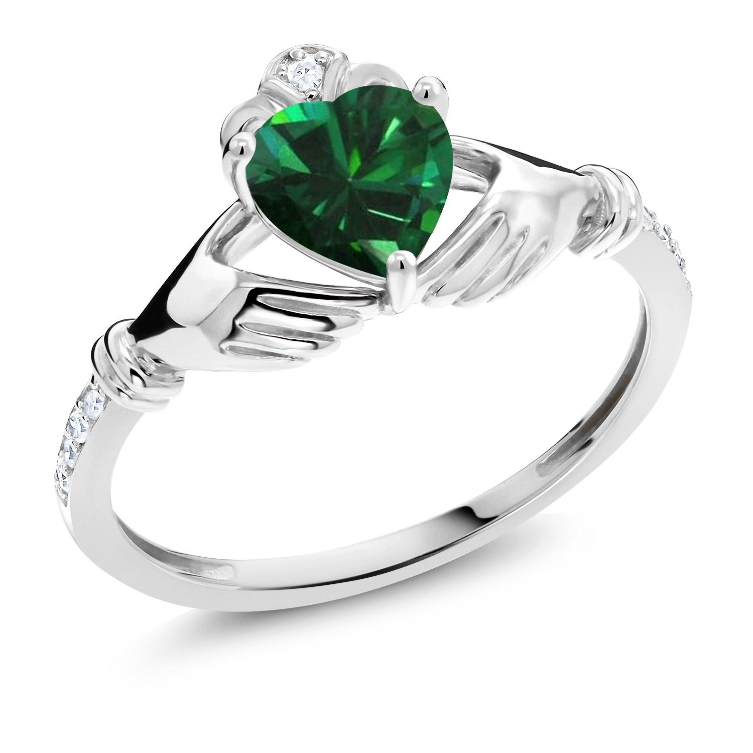 Gem Stone King 0.76 Ct Heart Shape Green Simulated Emerald White Diamond 10K White Gold Irish Celtic Claddagh Ring