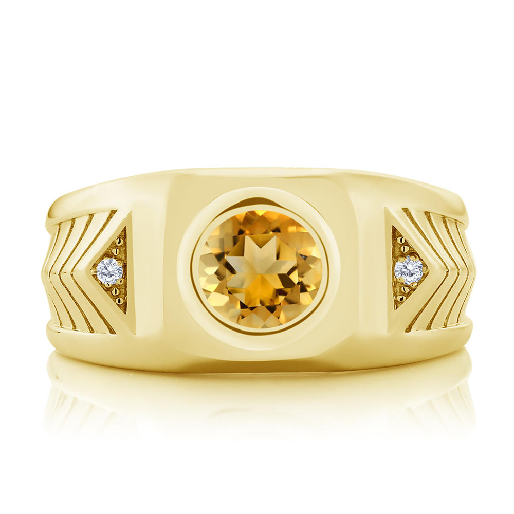 Gem Stone King 18K Yellow Gold Plated Silver Men's Solitaire Ring Citrine Moissanite (1.53 Cttw)