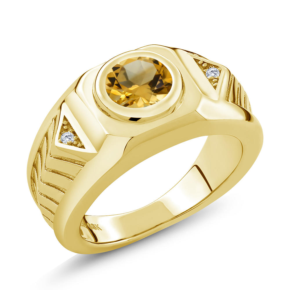 Gem Stone King 18K Yellow Gold Plated Silver Men's Solitaire Ring Citrine Moissanite (1.53 Cttw)
