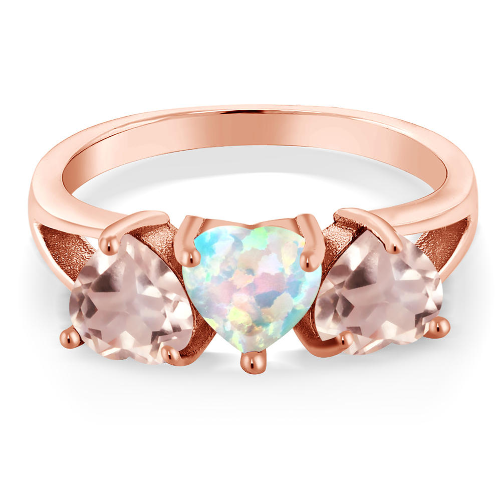Gem Stone King 2.18 Ct White Simulated Opal Rose Rose Quartz 18K Rose Gold Plated Silver Ring
