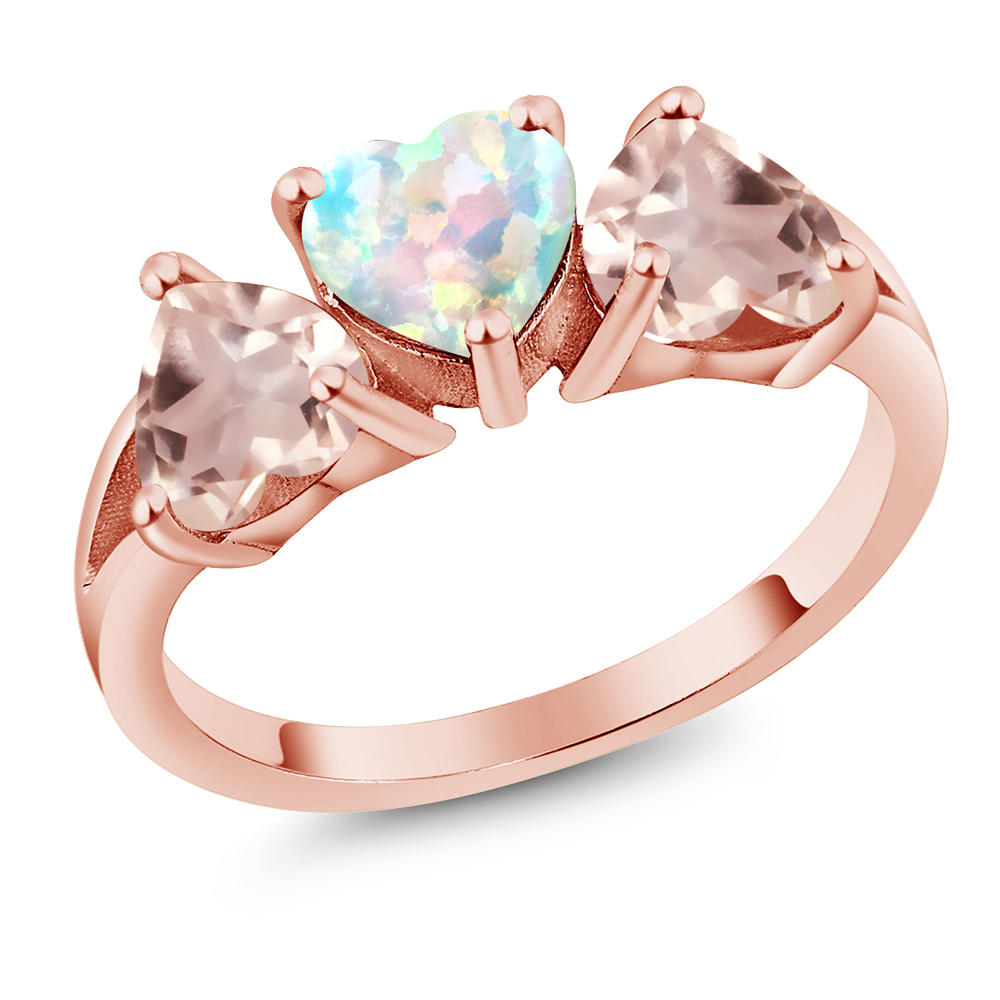 Gem Stone King 2.18 Ct White Simulated Opal Rose Rose Quartz 18K Rose Gold Plated Silver Ring