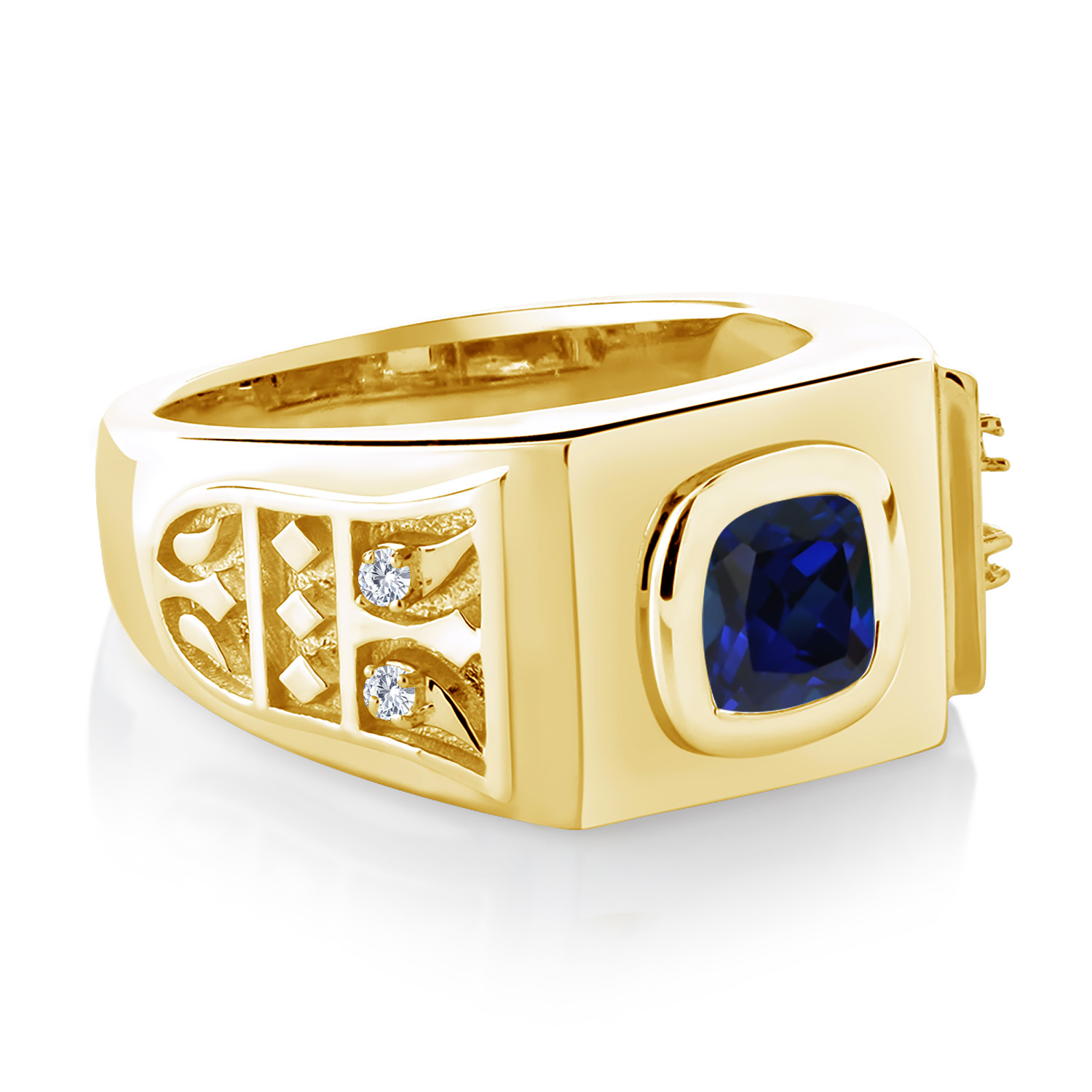 Gem Stone King 18K Yellow Gold Plated Silver Men's Ring Created Sapphire Moissanite (2.53 Cttw)