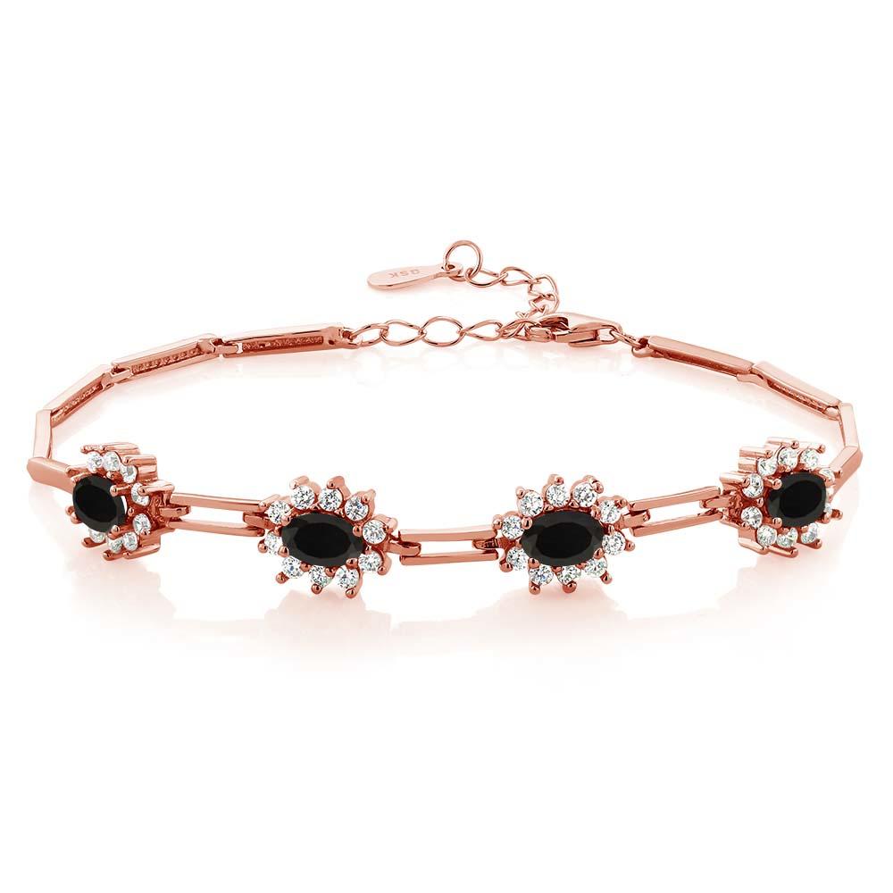 Gem Stone King 3.56 Ct Oval Black Onyx 18K Rose Gold Plated Silver Bracelet For Women 7+1 Inches Extender