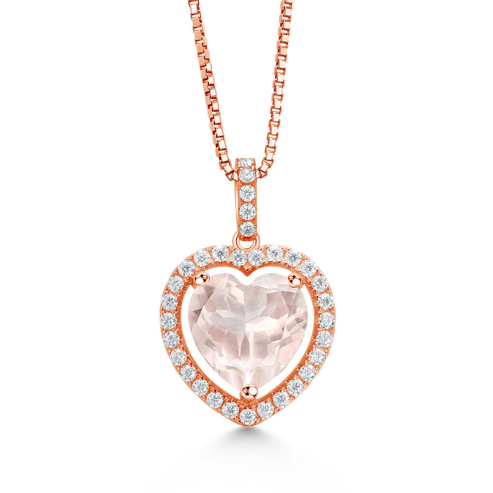 Gem Stone King 18K Rose Gold Plated Silver Pendant with Chain Heart Shape Rose Rose Quartz and Moissanite (5.94 Cttw)