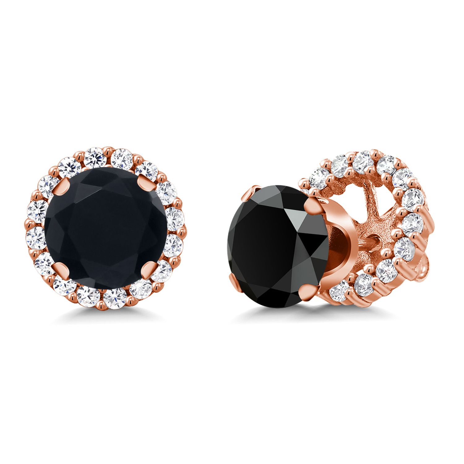 Gem Stone King 18K Rose Gold Plated Silver Black Onyx Stud Earrings with Jackets For Women (2.95 Cttw, Gemstone December Birthstone, Round 7MM)