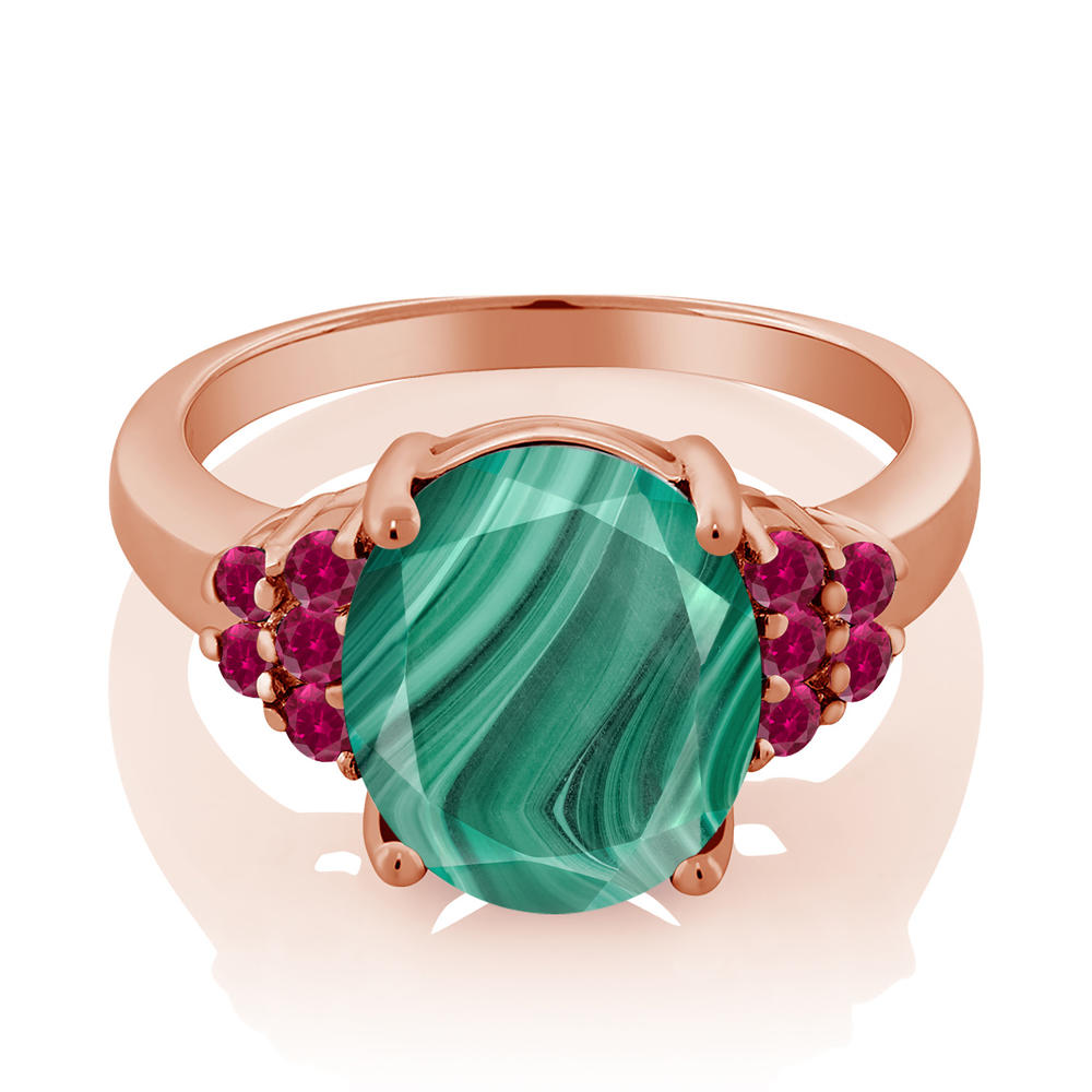 Gem Stone King 6.50 Ct Oval Green Malachite Red Created Ruby 18K Rose Gold Plated Silver Ring