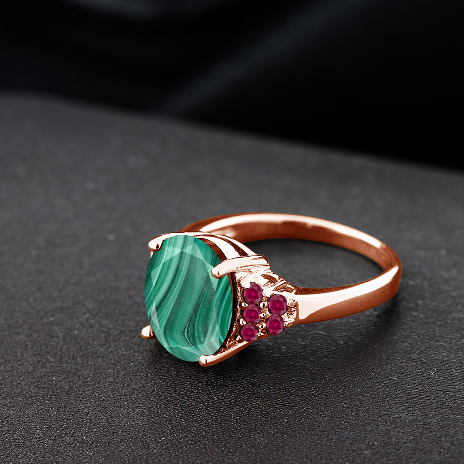 Gem Stone King 6.50 Ct Oval Green Malachite Red Created Ruby 18K Rose Gold Plated Silver Ring