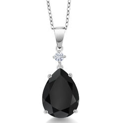 Gem Stone King 925 Sterling Silver Pendant Necklace with Chain Pear Shape Onyx Created Moissanite (7.47 Cttw)