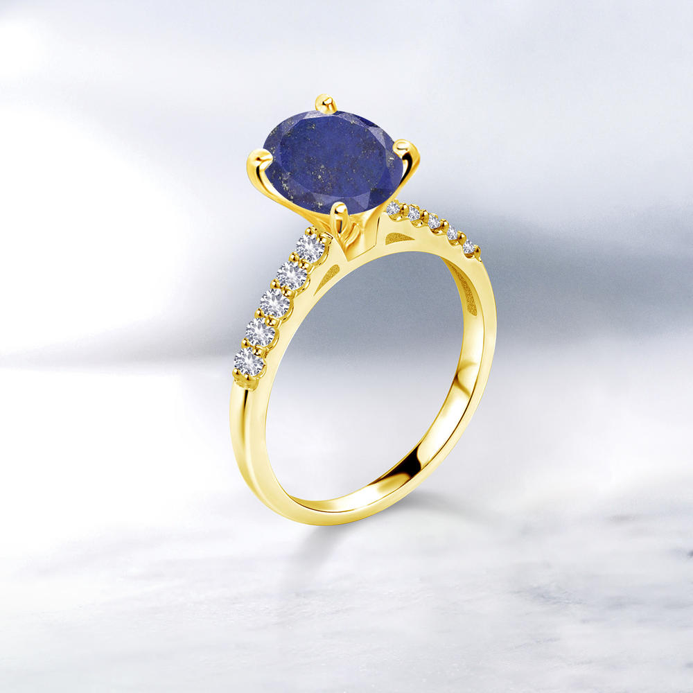 Gem Stone King 2.30 Ct Oval Blue Lapis White Created Sapphire 10K Yellow Gold Ring