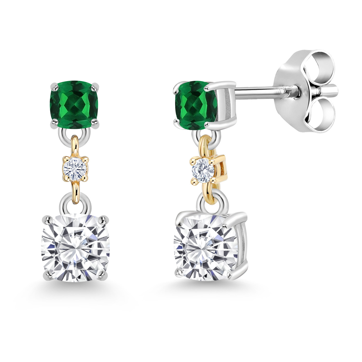 Gem Stone King 925 Silver and 10K Yellow Gold Green Nano Emerald Earrings Set with Moissanite (1.00 Cttw)
