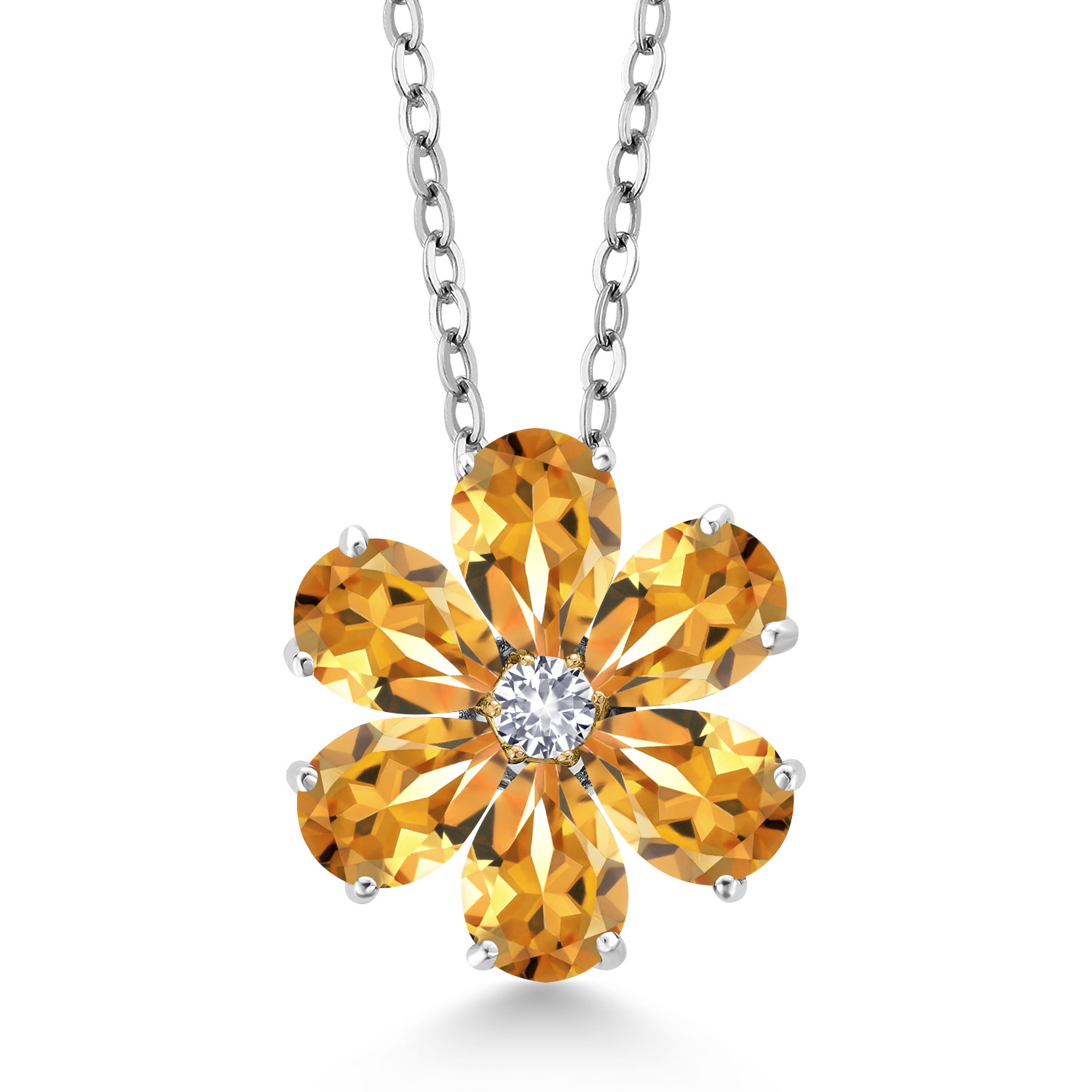 Gem Stone King 2.03 Ct Yellow Citrine White Created Sapphire 925 Silver and 10K Yellow Gold Pear Shape Flower Pendant with Chain