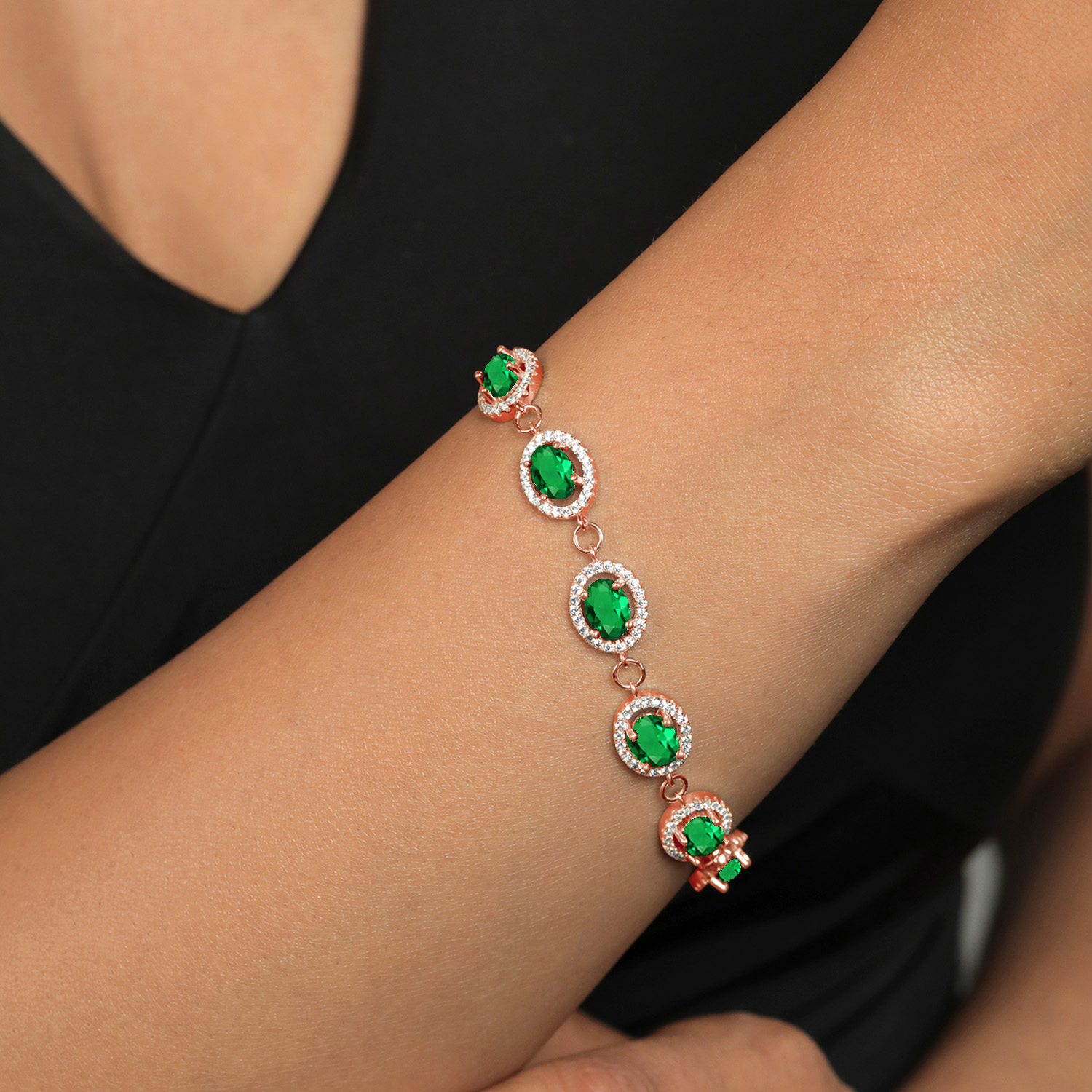 Gem Stone King 8.88 Ct Oval Green Simulated Emerald 18K Rose Gold Plated Silver Bracelet For Women