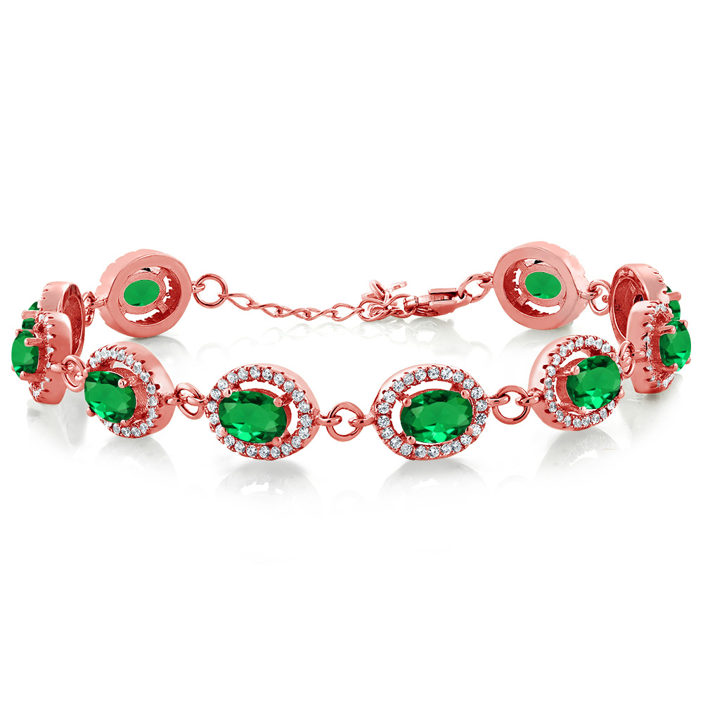Gem Stone King 8.88 Ct Oval Green Simulated Emerald 18K Rose Gold Plated Silver Bracelet For Women