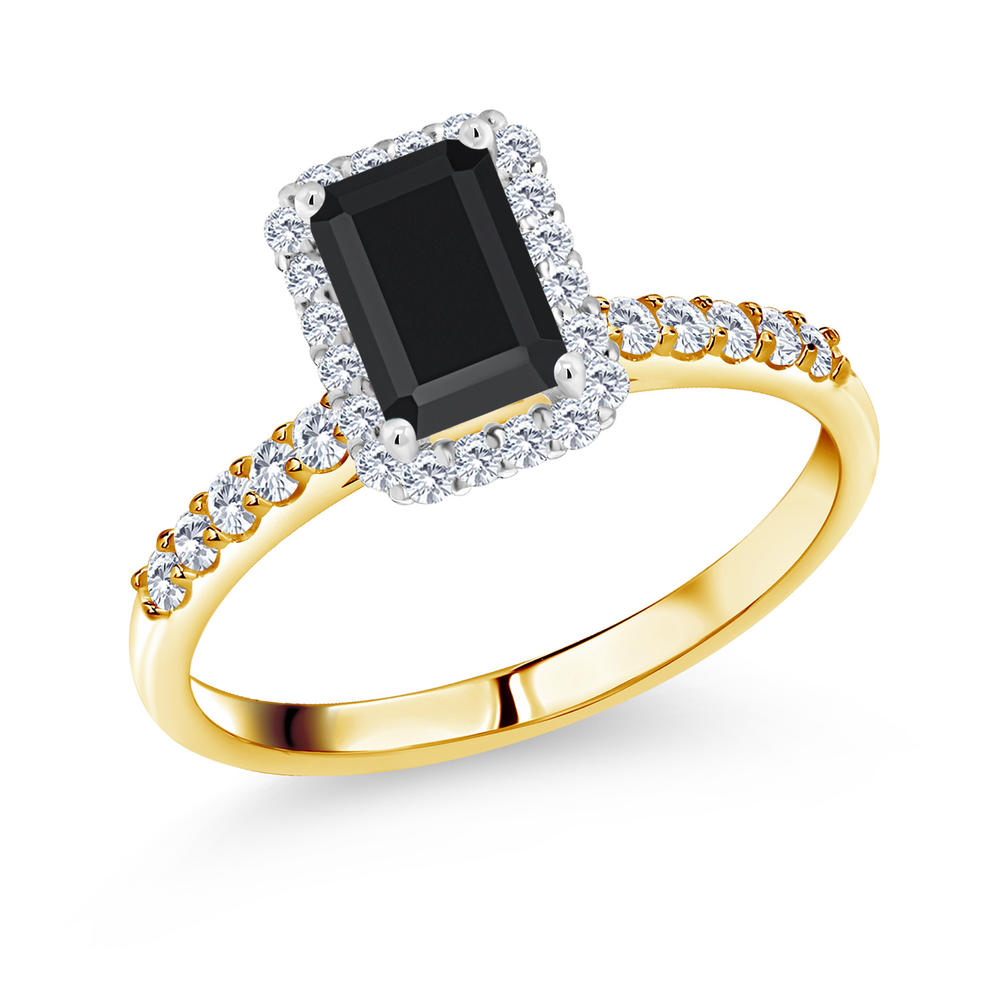Gem Stone King 1.31 Ct Black Onyx G-H Lab Grown Diamond 10K Yellow Gold Ring with White Gold Prongs