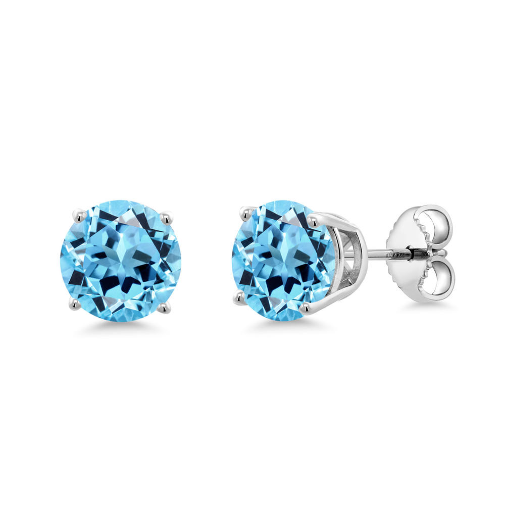 Gem Stone King 925 Sterling Silver Swiss Blue Topaz Earrings | 3.30 Cttw | 7MM Round Gemstone Birthstone Stud Earrings for Women