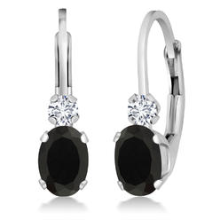 Gem Stone King 14K White Gold Black Onyx and White Diamond Earrings For Women (0.85 Cttw, Gemstone Birthstone, Oval 6X4MM, 3/4 Inch)