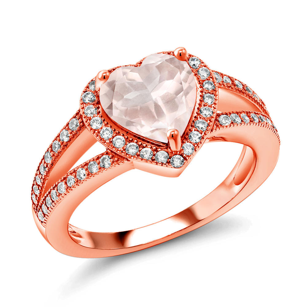 Gem Stone King 2.47 Ct Heart Shape Rose Rose Quartz and Moissanite 18K Rose Gold Plated Silver Ring