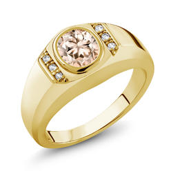 Gem Stone King 1.06 Ct Peach Morganite White Created Sapphire 18K Yellow Gold Plated Silver Men's Ring