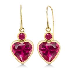 Gem Stone King 4.66 Ct Heart Shape Red Created Ruby Red Ruby 14K Yellow Gold Earrings