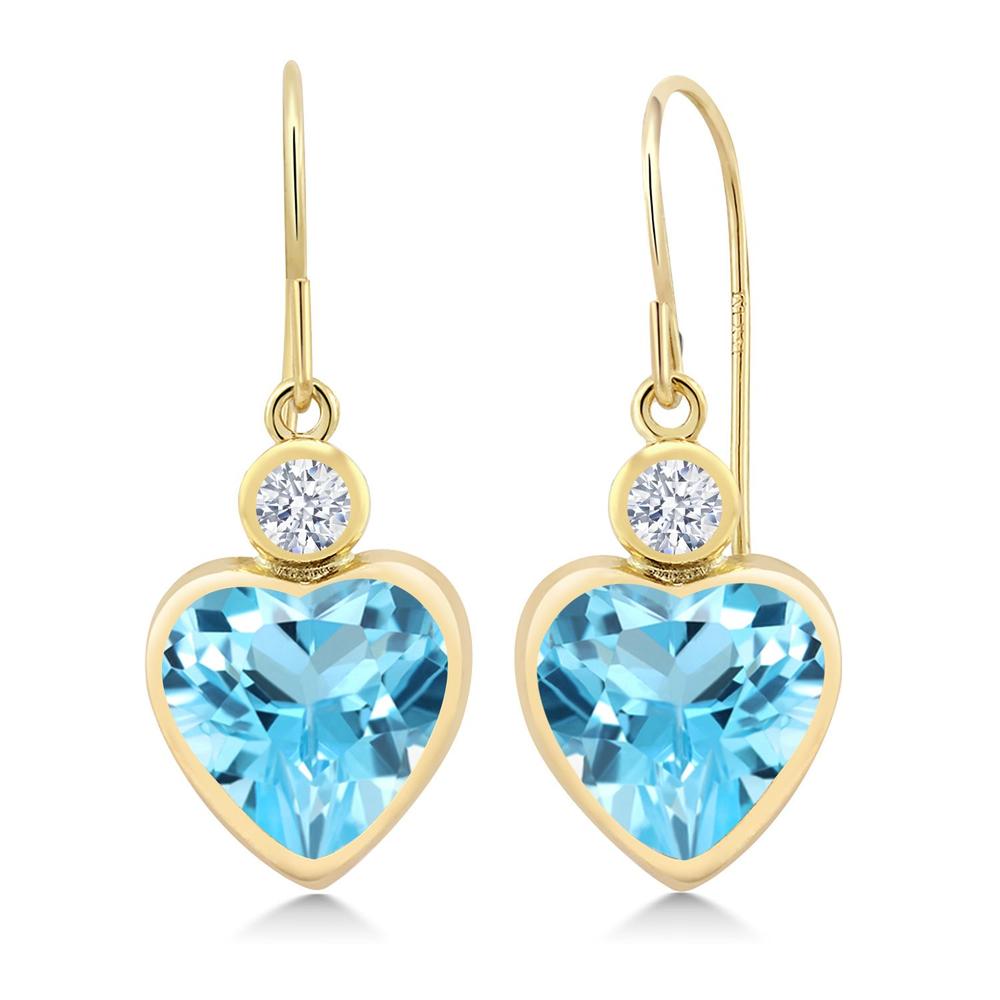 Gem Stone King 4.72 Ct Heart Shape Swiss Blue Topaz 14K Yellow Gold Earrings