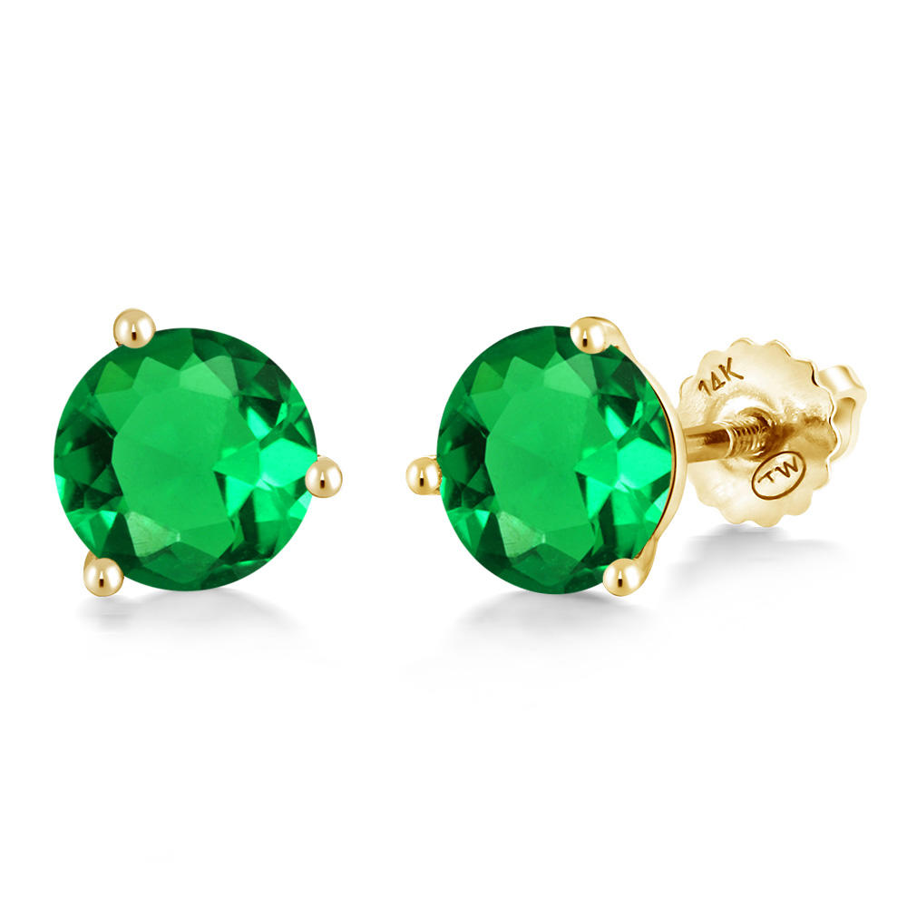 Gem Stone King 14K Yellow Gold Green Simulated Emerald 3 Prong Martini Screw Back Stud Earrings For Women (1.54 Cttw, Round 6MM)