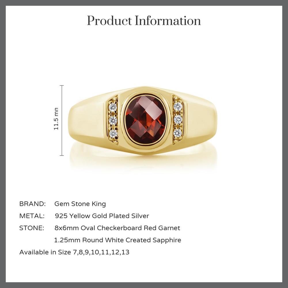 Gem Stone King 1.59 Ct Oval Checkerboard Red Garnet White Created Sapphire 18K Yellow Gold Plated Silver Men's Ring