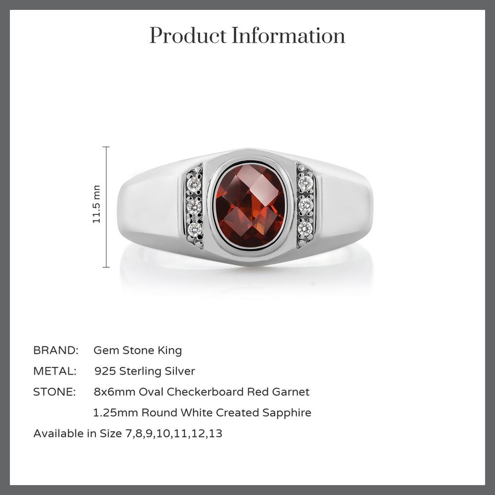 Gem Stone King 1.46 Ct Oval Checkerboard Red Garnet White Created Sapphire 925 Silver Men's Ring