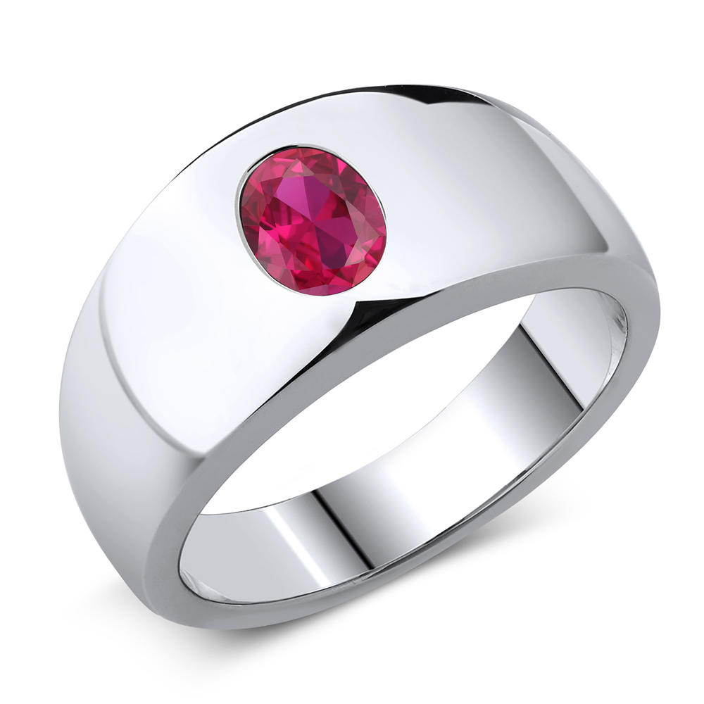 Gem Stone King Men's 925 Sterling Silver Red VS Created Ruby Ring (1.55 Cttw, Oval 8X6MM, Available 7,8,9,10,11,12,13)